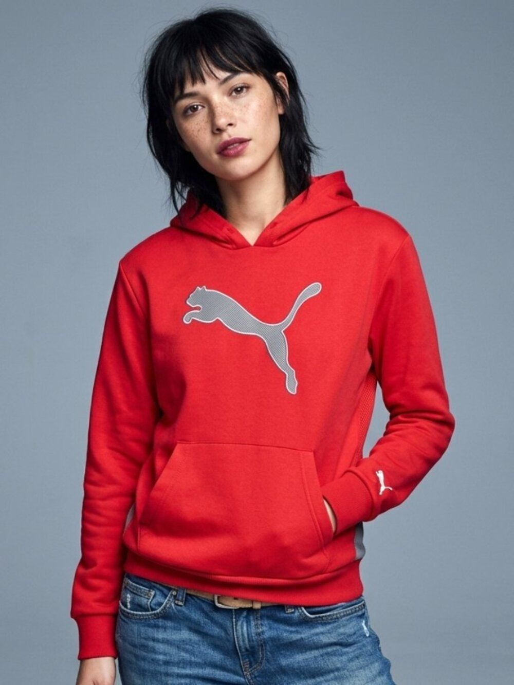 Puma Red Pullover Hoodie with Silver Puma Logo Long Sleeve Sweatshirt